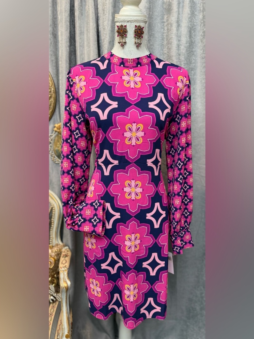 Floral Pink and Purple Dress with Earrings